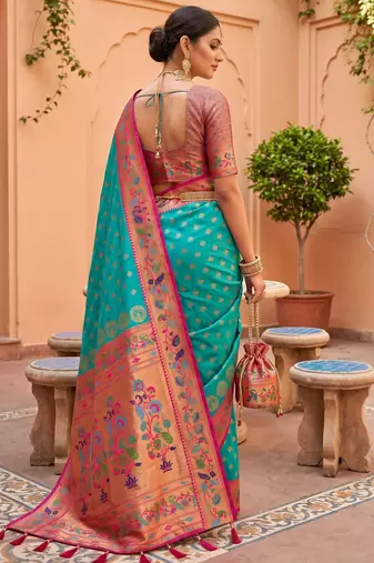 Sky blue faux banarasi silk saree with paithani rich weaved pallu and blouse