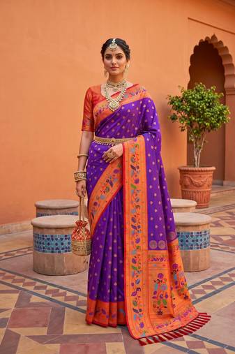 Wine faux banarasi silk saree with paithani rich weaved pallu and blouse