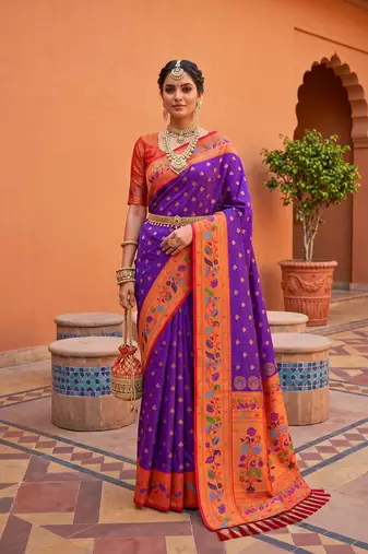 Wine faux banarasi silk saree with paithani rich weaved pallu and blouse