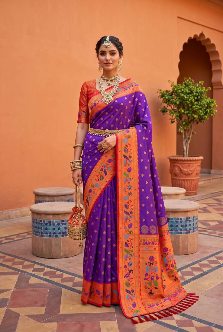 Wine faux banarasi silk saree with paithani rich weaved pallu and blouse