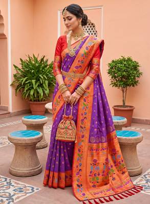 Wine faux banarasi silk saree with paithani rich weaved pallu and blouse 2
