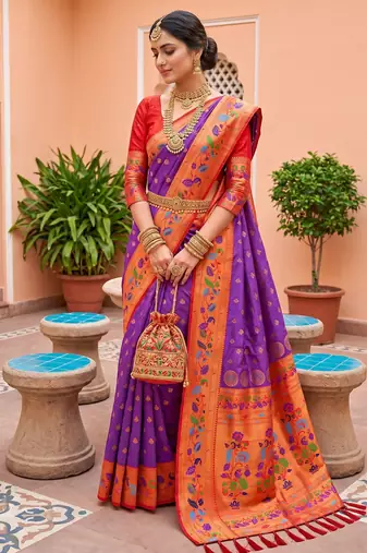 Wine faux banarasi silk saree with paithani rich weaved pallu and blouse