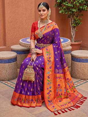 Wine faux banarasi silk saree with paithani rich weaved pallu and blouse 3