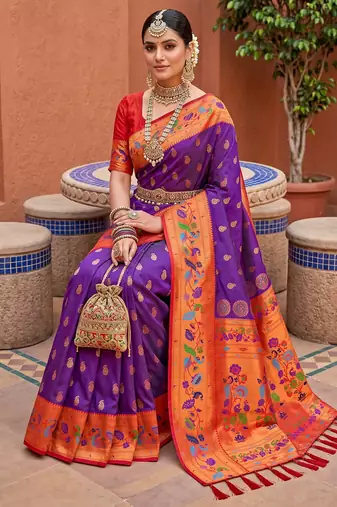Wine faux banarasi silk saree with paithani rich weaved pallu and blouse