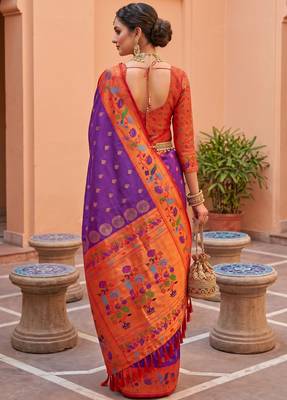 Wine faux banarasi silk saree with paithani rich weaved pallu and blouse 4