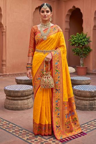 Yellow  faux banarasi silk saree with paithani rich weaved pallu and blouse