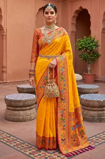 Yellow  faux banarasi silk saree with paithani rich weaved pallu and blouse