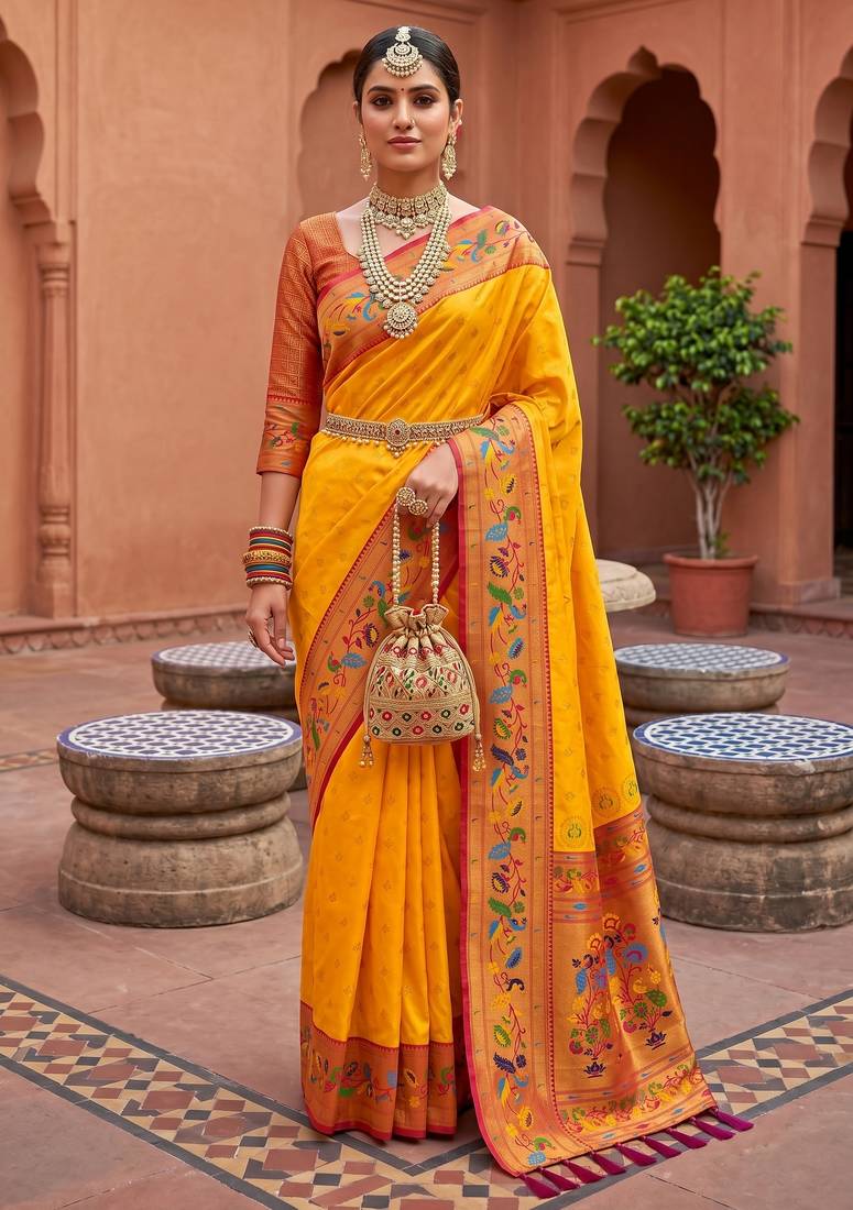 Yellow  faux banarasi silk saree with paithani rich weaved pallu and blouse