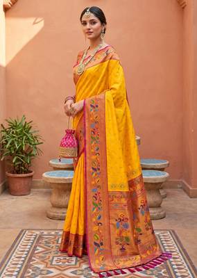 Yellow  faux banarasi silk saree with paithani rich weaved pallu and blouse 2