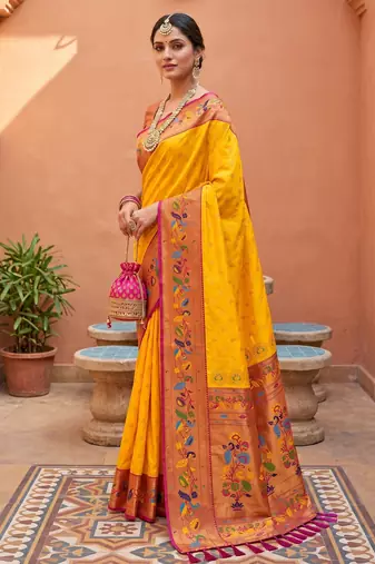 Yellow  faux banarasi silk saree with paithani rich weaved pallu and blouse