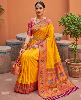 Yellow  faux banarasi silk saree with paithani rich weaved pallu and blouse 3