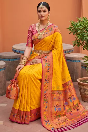 Yellow  faux banarasi silk saree with paithani rich weaved pallu and blouse
