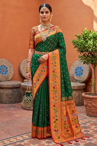 Green  faux banarasi silk saree with paithani rich weaved pallu and blouse