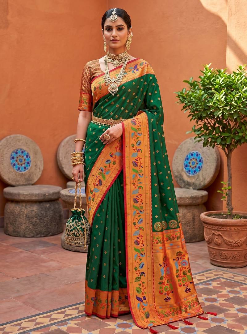 Green  faux banarasi silk saree with paithani rich weaved pallu and blouse