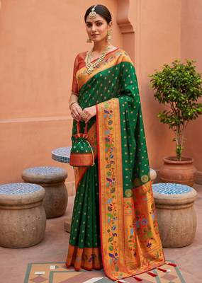 Green  faux banarasi silk saree with paithani rich weaved pallu and blouse 2