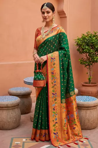 Green  faux banarasi silk saree with paithani rich weaved pallu and blouse