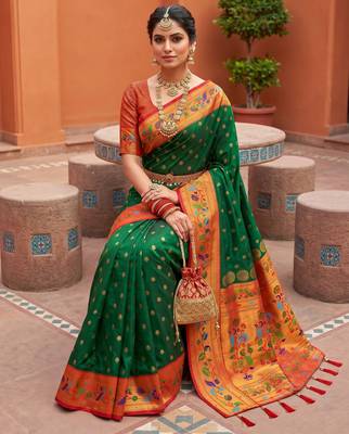 Green  faux banarasi silk saree with paithani rich weaved pallu and blouse 3