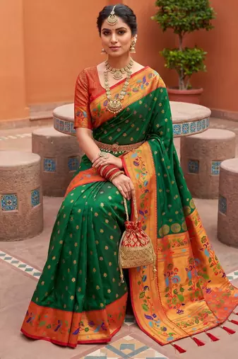 Green  faux banarasi silk saree with paithani rich weaved pallu and blouse
