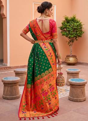 Green  faux banarasi silk saree with paithani rich weaved pallu and blouse 4