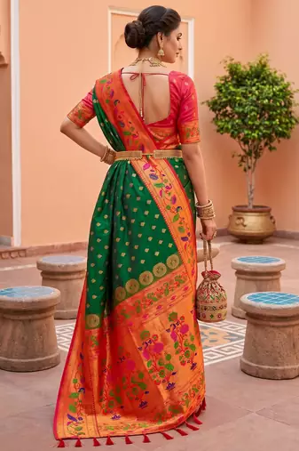 Green  faux banarasi silk saree with paithani rich weaved pallu and blouse