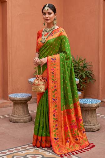 Mehendi  faux banarasi silk saree with paithani rich weaved pallu and blouse