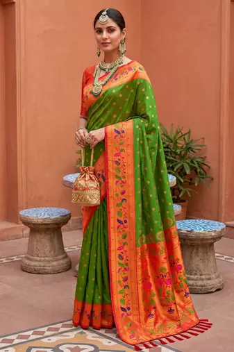 Mehendi  faux banarasi silk saree with paithani rich weaved pallu and blouse