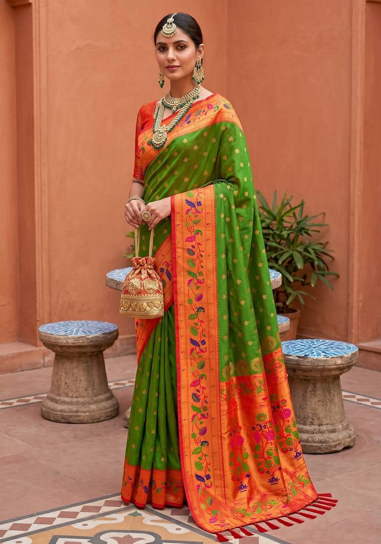 Mehendi  faux banarasi silk saree with paithani rich weaved pallu and blouse