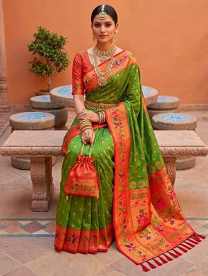 Mehendi  faux banarasi silk saree with paithani rich weaved pallu and blouse 2