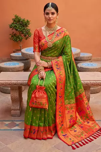 Mehendi  faux banarasi silk saree with paithani rich weaved pallu and blouse