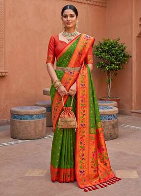 Mehendi  faux banarasi silk saree with paithani rich weaved pallu and blouse 3