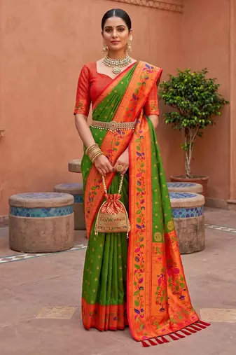Mehendi  faux banarasi silk saree with paithani rich weaved pallu and blouse
