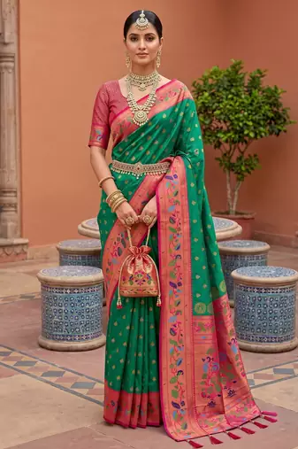 Green faux banarasi silk saree with paithani rich weaved pallu and blouse