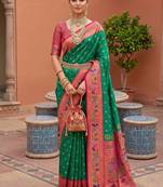 Green faux banarasi silk saree with paithani rich weaved pallu and blouse