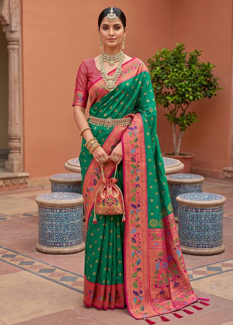 Green faux banarasi silk saree with paithani rich weaved pallu and blouse
