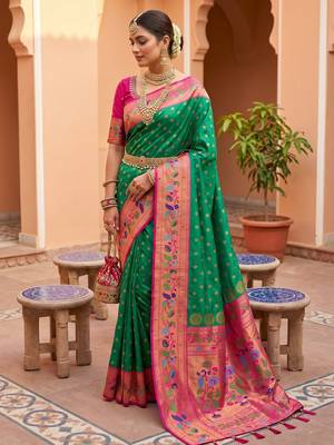 Green faux banarasi silk saree with paithani rich weaved pallu and blouse 2
