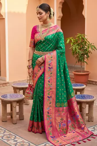 Green faux banarasi silk saree with paithani rich weaved pallu and blouse