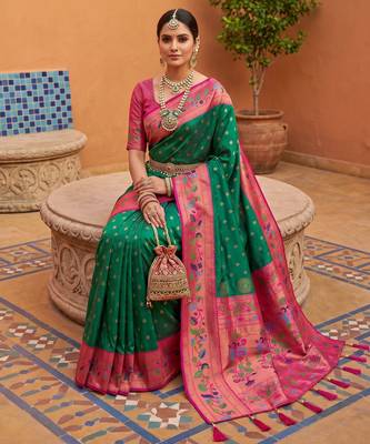 Green faux banarasi silk saree with paithani rich weaved pallu and blouse 3