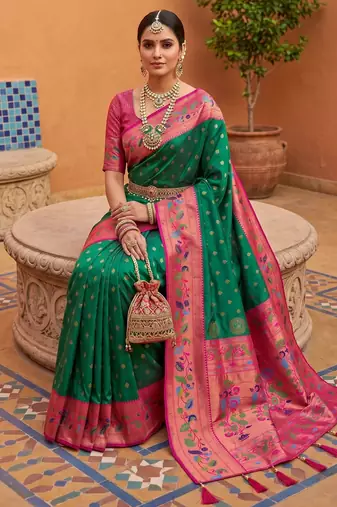 Green faux banarasi silk saree with paithani rich weaved pallu and blouse