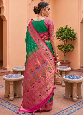 Green faux banarasi silk saree with paithani rich weaved pallu and blouse 4