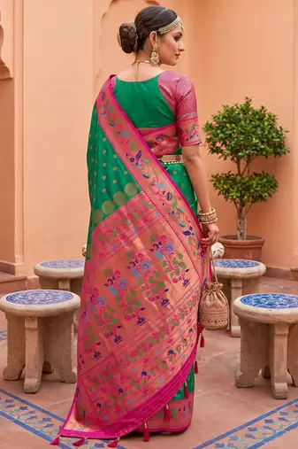 Green faux banarasi silk saree with paithani rich weaved pallu and blouse