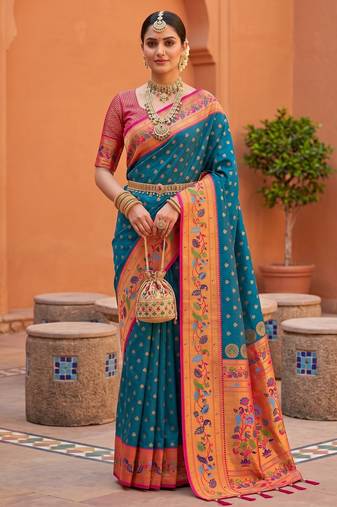 Teal blue  faux banarasi silk saree with paithani rich weaved pallu and blouse