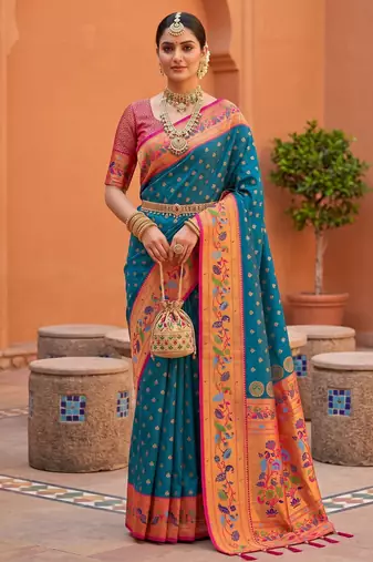 Teal blue  faux banarasi silk saree with paithani rich weaved pallu and blouse