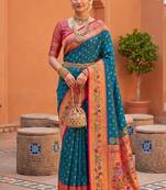Teal blue  faux banarasi silk saree with paithani rich weaved pallu and blouse