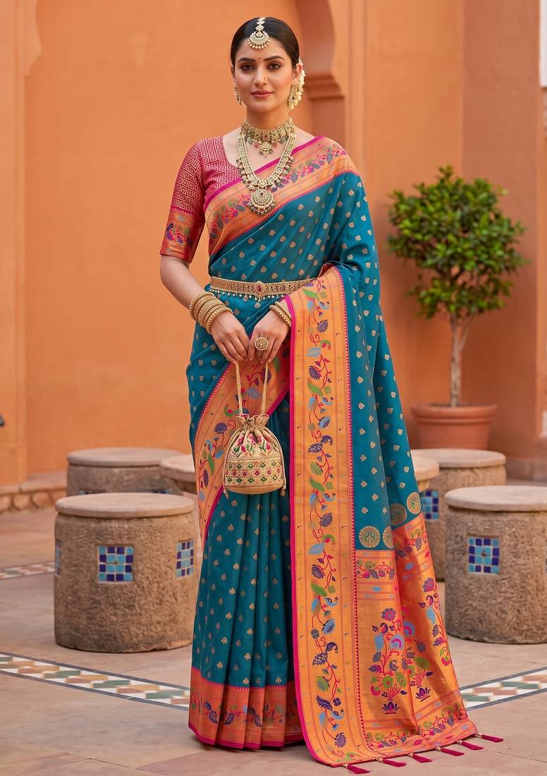 Teal blue  faux banarasi silk saree with paithani rich weaved pallu and blouse