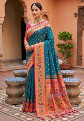 Teal blue  faux banarasi silk saree with paithani rich weaved pallu and blouse 2