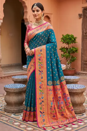 Teal blue  faux banarasi silk saree with paithani rich weaved pallu and blouse