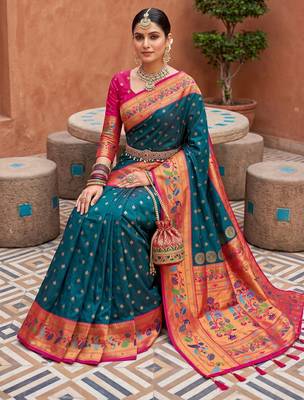 Teal blue  faux banarasi silk saree with paithani rich weaved pallu and blouse 3