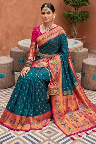 Teal blue  faux banarasi silk saree with paithani rich weaved pallu and blouse