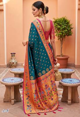 Teal blue  faux banarasi silk saree with paithani rich weaved pallu and blouse 4