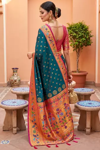 Teal blue  faux banarasi silk saree with paithani rich weaved pallu and blouse